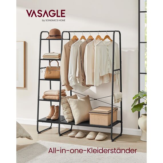VASAGLE Kleiderständer, Garderobenständer, 45 x 120 x 160 cm Garderobe, Kleiderstange, Schuhablage, offener Kleiderschrank, 6 Haken abnehmbar, Schlafzimmer Flur, ebenholzschwarz-Mattschwarz RGR116B02