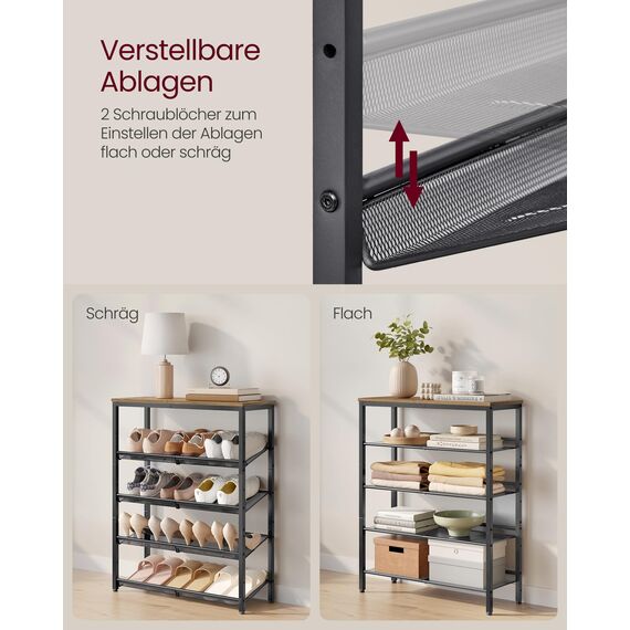 VASAGLE Schuhregal, Schuhablage, 5 Ebenen, große Oberfläche, verstellbare Gitterablagen, platzsparend für Eingangsbereich Flur, Metall, Industrie-Stil, honigbraun-tintenschwarz LBS038K01