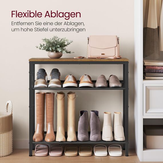VASAGLE Schuhregal, Schuhablage, 4 Ebenen, große Oberfläche, verstellbare Gitterablagen, platzsparend für Eingangsbereich Flur, Metall, Industrie-Stil, honigbraun-tintenschwarz LBS040K01