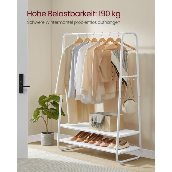 VASAGLE Kleiderständer, Garderobenständer, Garderobe, 2 Ablagen, 6 Haken in S-Form, Stahlgestell, 45 x 100 x 160 cm, für Schlafzimmer, Flur, Eingangsbereich, wolkenweiß-mattweiß RGR112W02
