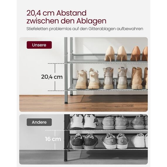 VASAGLE Schuhregal, Schuhablage, 5 Ebenen, große Oberfläche, verstellbare Gitterablagen, platzsparend für Eingangsbereich Flur, Metall, Industrie-Stil, anthrazitgrau-metallisches Silber LBS038E22