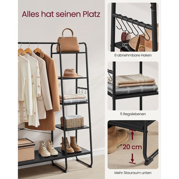 VASAGLE Kleiderständer, Garderobenständer, 45 x 120 x 160 cm Garderobe, Kleiderstange, Schuhablage, offener Kleiderschrank, 6 Haken abnehmbar, Schlafzimmer Flur, ebenholzschwarz-Mattschwarz RGR116B02