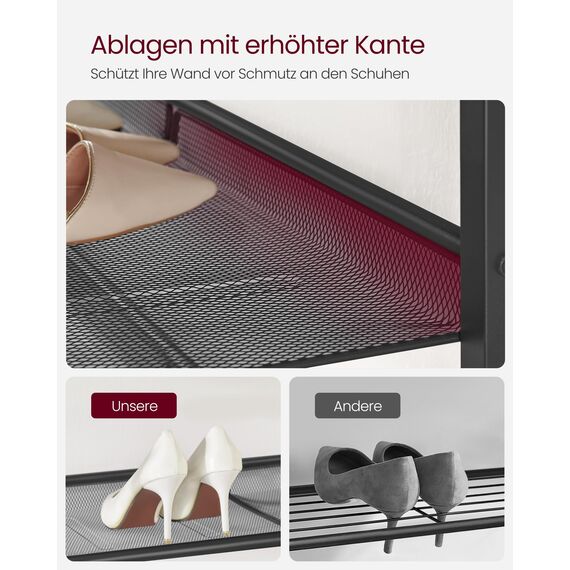 VASAGLE Schuhregal, Schuhablage, 4 Ebenen, große Oberfläche, verstellbare Gitterablagen, platzsparend für Eingangsbereich Flur, Metall, Industrie-Stil, vintagebraun-tintenschwarz LBS040B01