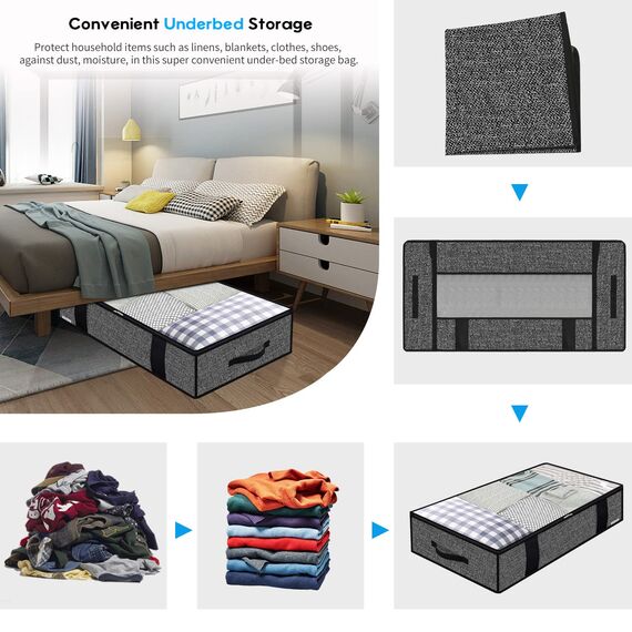 homyfort 2 Stück Premium Unterbettkommode mit Sichtfenster, Unterbett-Aufbewahrungstasche Kleideraufbewahrung, Decken Organisator Lagerbehälter, 4 Haltegriffen, 100x50x15cm, Schwarz Leinen,