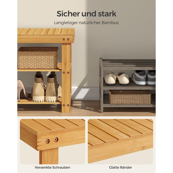 SONGMICS Bambus Schuhregal, Schuhschrank mit Sitzbank, Schuhbank mit 3 Ablagen 90 x 28 x 45 cm ideal für Wohnzimmer, Flur, Bad, Diele, LBS90N