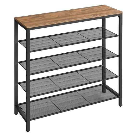 VASAGLE Schuhregal, Schuhablage mit 4 Gitterebenen und großzügiger Oberfläche für Taschen, für den Eingangsbereich, Flur, Metall, Industrie-Design, honigbraun-tintenschwarz LBS015K01
