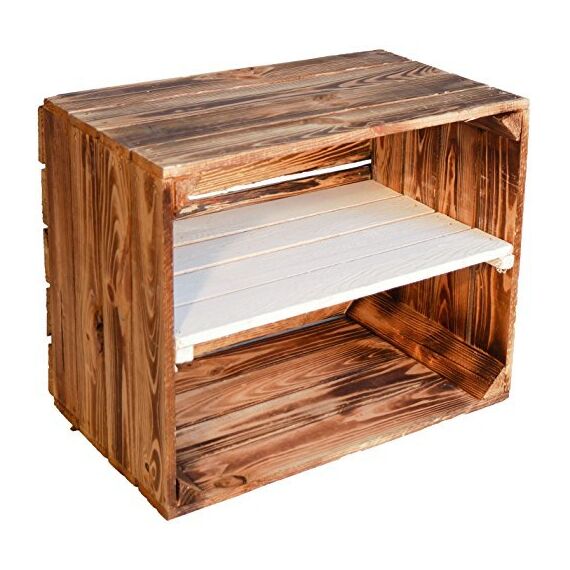 flambierte/geflammte Bücherregal - Schuhregalkiste mit Zwischenbrett/Mittelbrett Einlage ca 50x40x30cm / Apfelkisten Weinkisten Holzkisten aus dem Alten Land (GEFLAMMT MIT WEISSER Einlage LÄNGS)