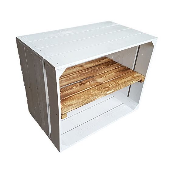 flambierte/geflammte Bücherregal - Schuhregalkiste mit Zwischenbrett/Mittelbrett Einlage ca 50x40x30cm / Apfelkisten Weinkisten Holzkisten aus dem Alten Land (Weiss MIT GEFLAMMTER Einlage LÄNGS)