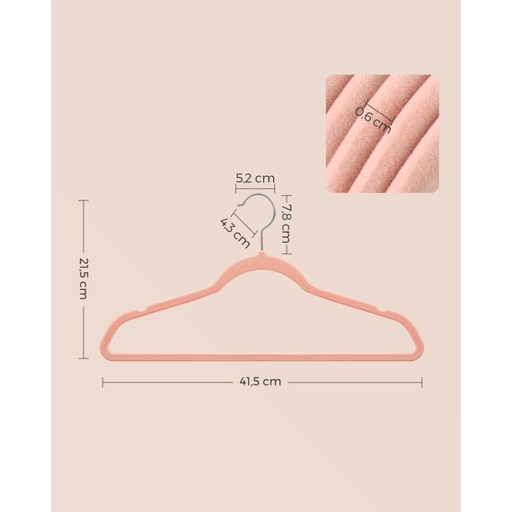 SONGMICS Kleiderbügel Samt, 30er Set, Bügel, Jackenbügel, 41,5 cm breit, Anzugbügel, dünn, gut belastbar, um 360° drehbarer Haken, für Mäntel, Hemden und Anzüge, rosa CRF26PK