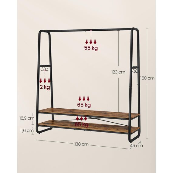 VASAGLE Kleiderständer, Garderobenständer, Garderobe, 2 Ablagen, 6 Haken in S-Form, Stahlgestell, 45 x 138 x 160 cm, für Schlafzimmer, Flur, Eingangsbereich, vintagebraun-schwarz RGR119B01