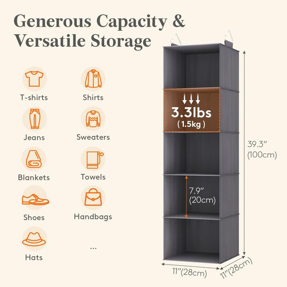 Lifewit Hängeregal, Schrank Organizer, Hängesystem Kleiderschrank, Hängeaufbewahrung aus Stoff, Ordnungssystem Kleiderschrank, Faltbar und Platzsparend mit Metallhaken, 1 Stück, Schwarz
