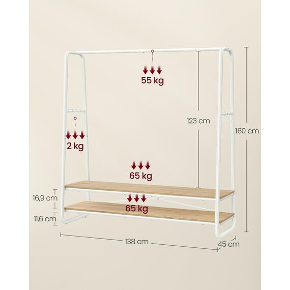 VASAGLE Kleiderständer, Garderobenständer, Garderobe, 2 Ablagen, 6 Haken in S-Form, Stahlgestell, 45 x 138 x 160 cm, für Schlafzimmer, Flur, Eingangsbereich, naturbeige-mattweiß RGR119W09
