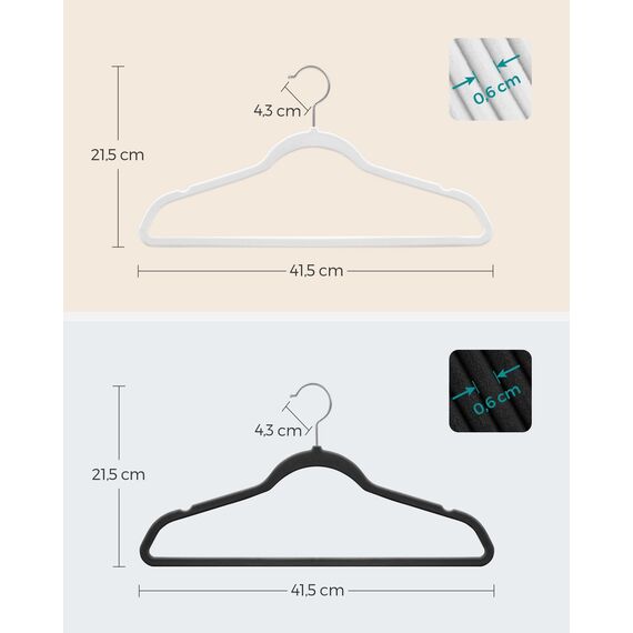 SONGMICS Kleiderbügel Samt, 100er Set, Bügel, Jackenbügel, 41,5 cm breit, Anzugbügel, dünn, gut belastbar, um 360° drehbarer Haken, für Mäntel, Hemden und Anzüge, Schwarz/Weiß CRF026B100