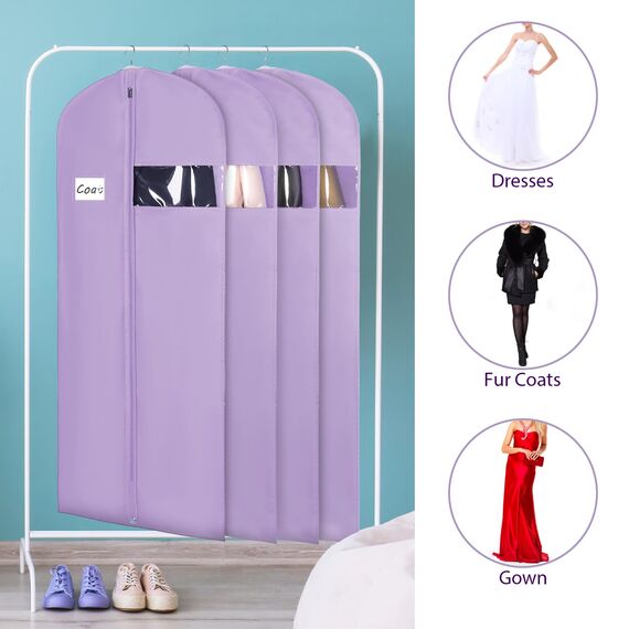 Syeeiex Kleidersack für die Aufbewahrung, 60x152 cm Atmungsaktiver Stoff, Kleidersäcke Lang für den Kleider Mäntel Abendkleider, Violett-4 Stück