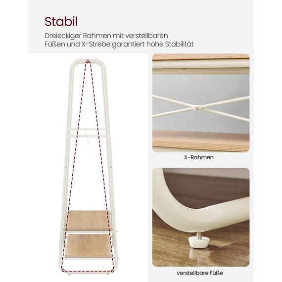 VASAGLE Kleiderständer, Garderobenständer, Garderobe, 2 Ablagen, 6 Haken in S-Form, Stahlgestell, 45 x 100 x 160 cm, für Schlafzimmer, Flur, Eingangsbereich, eichenfarben-cremeweiß RGR112W09