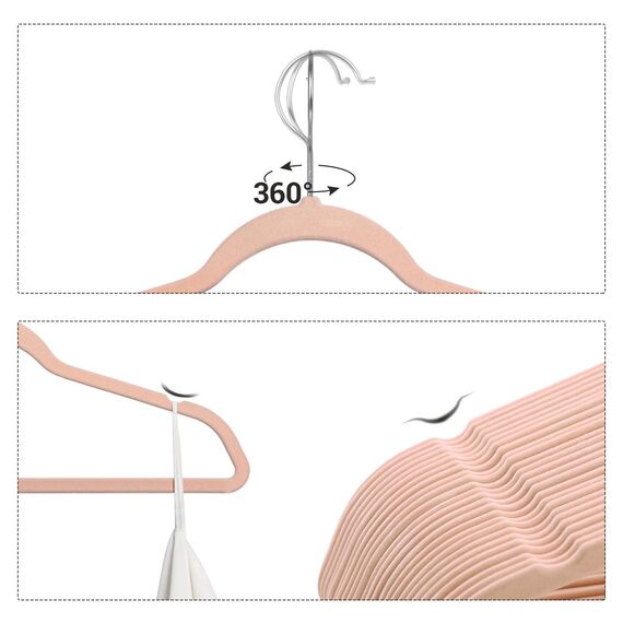SONGMICS Kleiderbügel Samt, 50er Set, Jackenbügel, 41,5 cm breit, Anzugbügel, dünn, gut belastbar, um 360° drehbarer Haken, für Mäntel, Hemden und Anzüge, Rosa-Silber CRF026P03