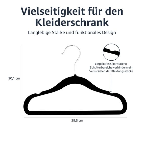 Amazon Basics Kinder-Kleiderbügel aus Samt, Rutschfest, für Säuglinge und Kleinkinder, 29,5cm (für Babykleidung), 50er-Pack, Schwarz