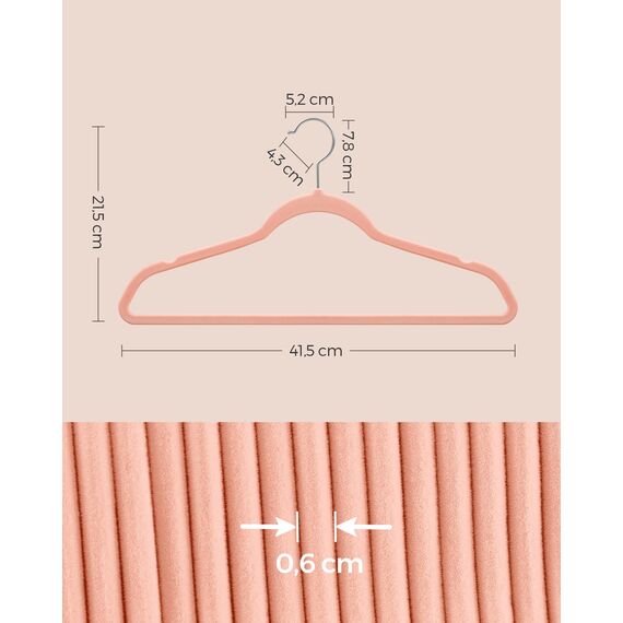 SONGMICS Kleiderbügel Samt, 20er Set, Bügel, Jackenbügel, 41,5 cm breit, Anzugbügel, dünn, gut belastbar, um 360° drehbarer Haken, für Mäntel, Hemden und Anzüge, Hellrosa CRF026R20