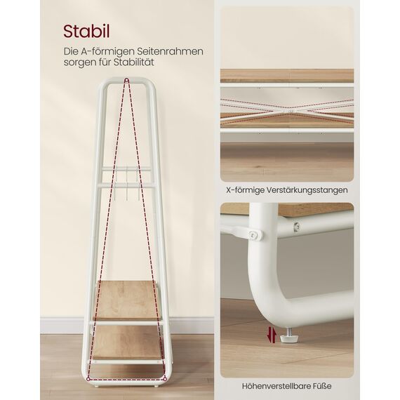 VASAGLE Kleiderständer, Garderobenständer, Garderobe, 2 Ablagen, 6 Haken in S-Form, Stahlgestell, 45 x 138 x 160 cm, für Schlafzimmer, Flur, Eingangsbereich, naturbeige-mattweiß RGR119W09