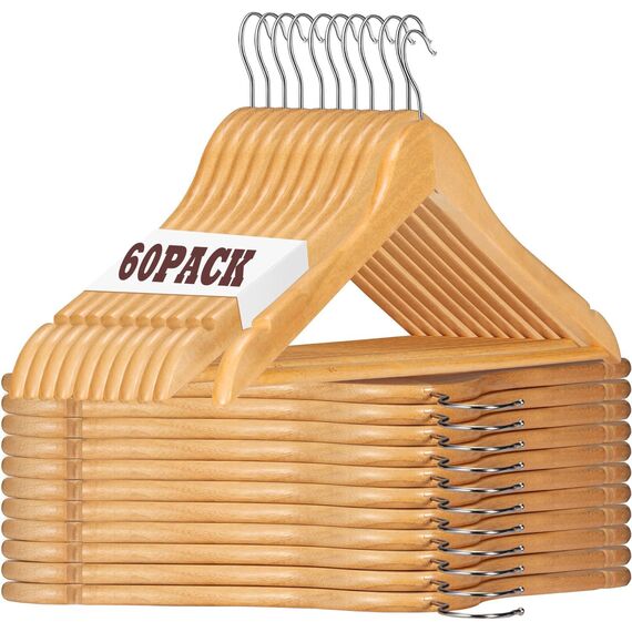HOUSE DAY Kleiderbügel Holz Natur 60 Stück Stabil Kleiderbügel Drehbar Jackenbügel Anzugbügel Breit 44,5cm aus Naturholz
