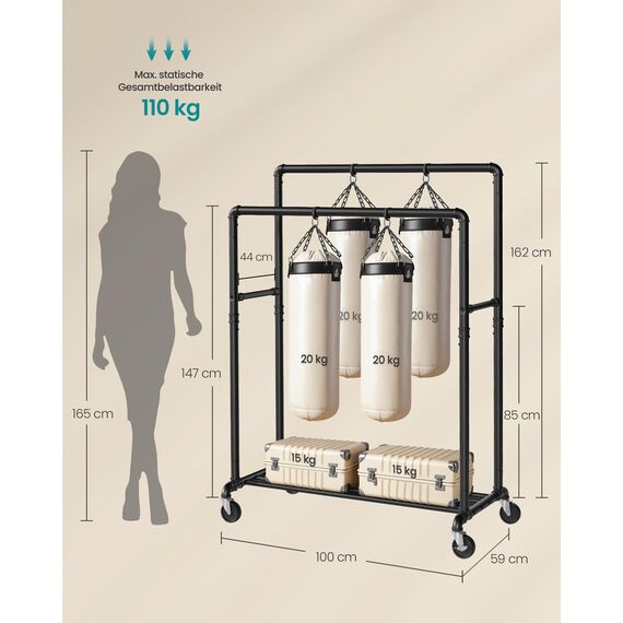 SONGMICS Kleiderständer, Kleiderstange, Garderobenständer mit 2 Kleiderstangen und Ablage, Rollen, bis 110 kg belastbar, Industrie-Design, für Schlafzimmer, Ankleidezimmer, schwarz HSR60B