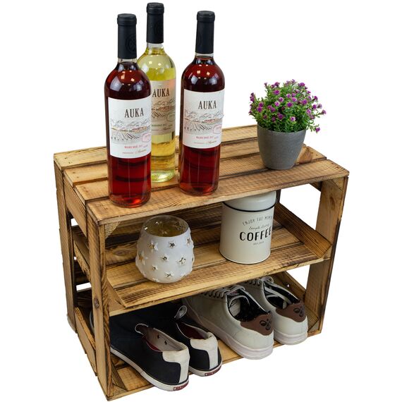 flambierte/geflammte Bücherregal - Schuhregalkiste mit Zwischenbrett/Mittelbrett Einlage ca 50x40x30cm / Apfelkisten Weinkisten Holzkisten aus dem Alten Land (GEFLAMMT OFFEN MIT Einlage LÄNGS)
