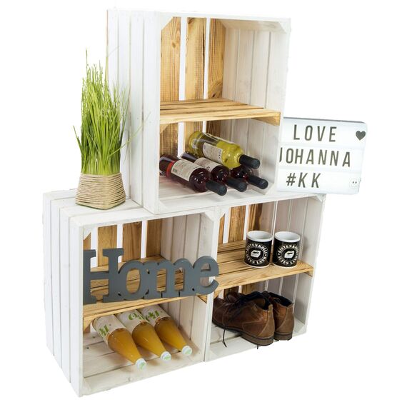 flambierte/geflammte Bücherregal - Schuhregalkiste mit Zwischenbrett/Mittelbrett Einlage ca 50x40x30cm / Apfelkisten Weinkisten Holzkisten aus dem Alten Land (Weiss FLAM Boden FLAM QUER)