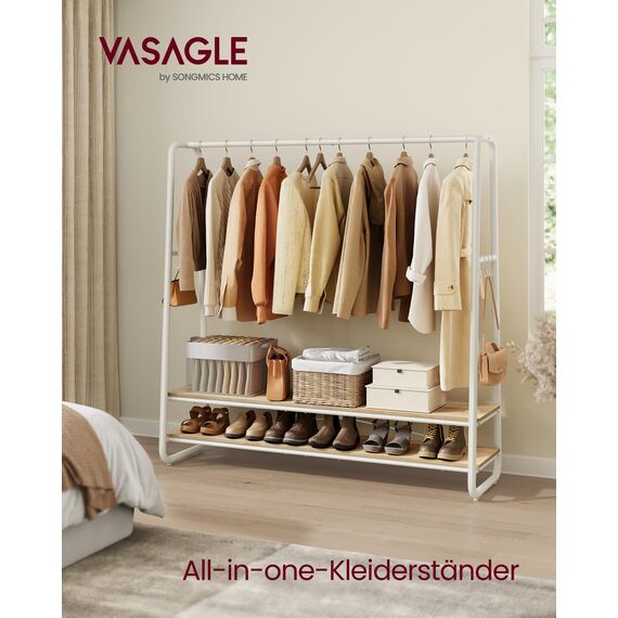 VASAGLE Kleiderständer, Garderobenständer, Garderobe, 2 Ablagen, 6 Haken in S-Form, Stahlgestell, 45 x 138 x 160 cm, für Schlafzimmer, Flur, Eingangsbereich, naturbeige-mattweiß RGR119W09