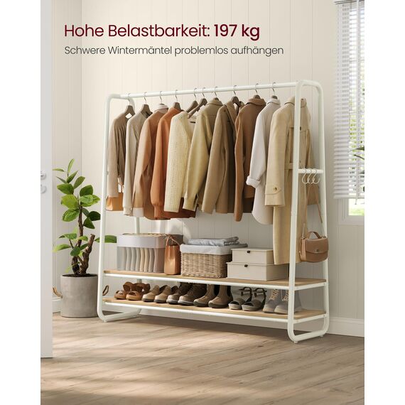 VASAGLE Kleiderständer, Garderobenständer, Garderobe, 2 Ablagen, 6 Haken in S-Form, Stahlgestell, 45 x 138 x 160 cm, für Schlafzimmer, Flur, Eingangsbereich, naturbeige-mattweiß RGR119W09