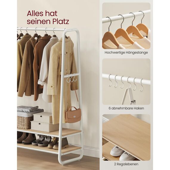 VASAGLE Kleiderständer, Garderobenständer, Garderobe, 2 Ablagen, 6 Haken in S-Form, Stahlgestell, 45 x 138 x 160 cm, für Schlafzimmer, Flur, Eingangsbereich, naturbeige-mattweiß RGR119W09