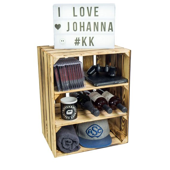 Weisse/geflammte Bücherregal - Schuhregalkiste mit Zwischenbrett/Mittelbrett Einlage ca 50x40x30cm / Apfelkisten Weinkisten Holzkisten aus dem Alten Land (doppelt geflammt Quer)