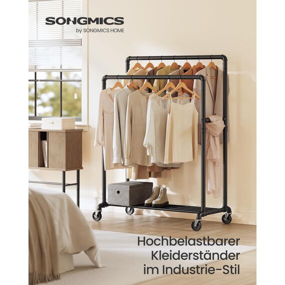 SONGMICS Kleiderständer, Kleiderstange, Garderobenständer mit 2 Kleiderstangen und Ablage, Rollen, bis 110 kg belastbar, Industrie-Design, für Schlafzimmer, Ankleidezimmer, schwarz HSR60B