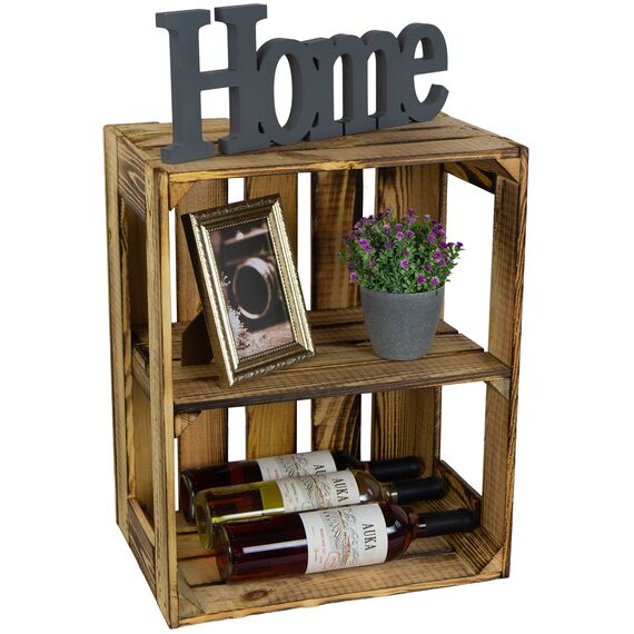 flambierte/geflammte Bücherregal - Schuhregalkiste mit Zwischenbrett/Mittelbrett Einlage ca 50x40x30cm / Apfelkisten Weinkisten Holzkisten aus dem Alten Land (GEFLAMMT OFFEN MIT Einlage QUER)