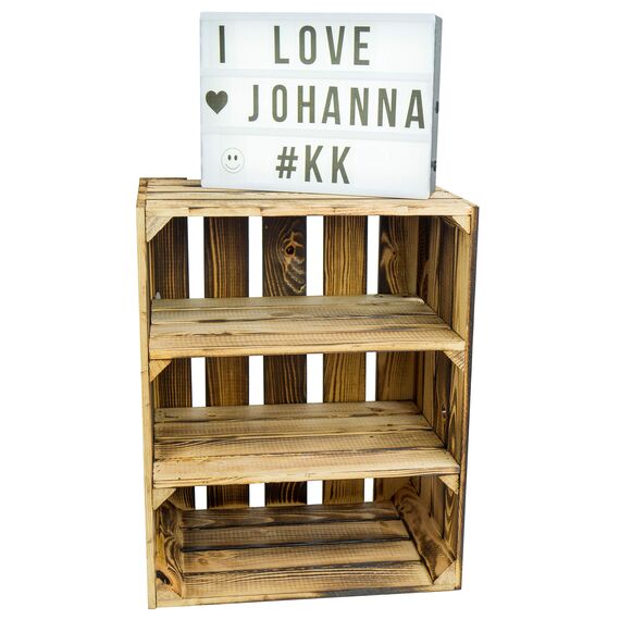 Weisse/geflammte Bücherregal - Schuhregalkiste mit Zwischenbrett/Mittelbrett Einlage ca 50x40x30cm / Apfelkisten Weinkisten Holzkisten aus dem Alten Land (doppelt geflammt Quer)