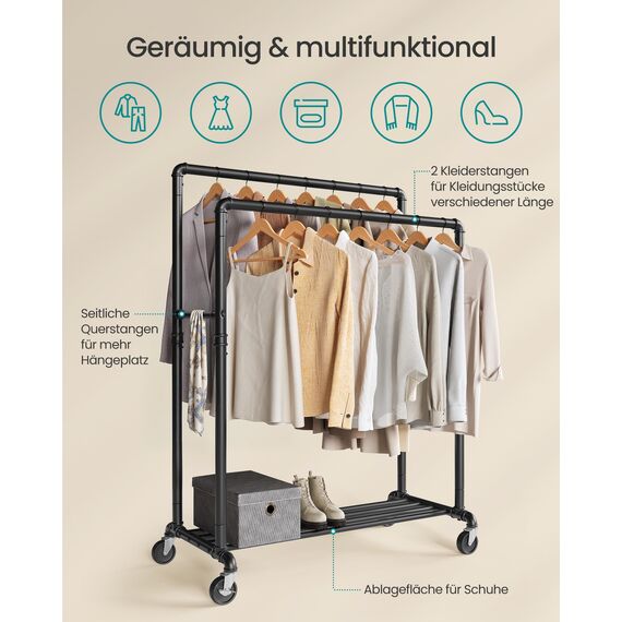 SONGMICS Kleiderständer, Kleiderstange, Garderobenständer mit 2 Kleiderstangen und Ablage, Rollen, bis 110 kg belastbar, Industrie-Design, für Schlafzimmer, Ankleidezimmer, schwarz HSR60B