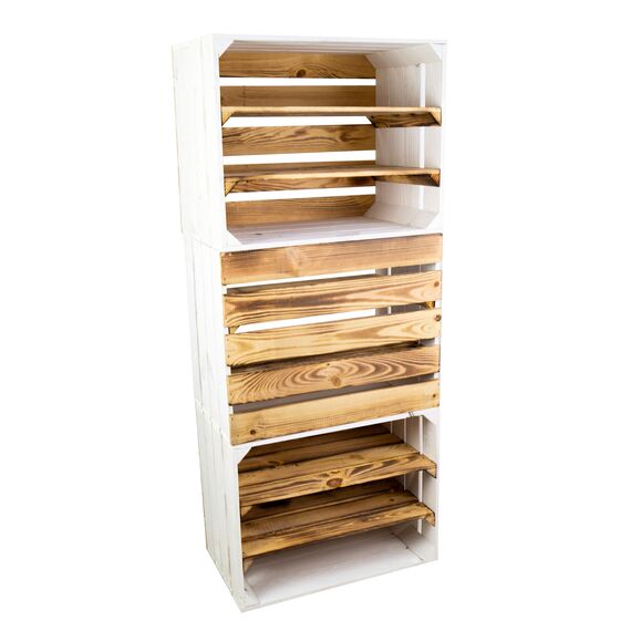 Weisse/geflammte Bücherregal - Schuhregalkiste mit Zwischenbrett/Mittelbrett Einlage ca 50x40x30cm / Apfelkisten Weinkisten Holzkisten aus dem Alten Land (Paula doppelt geflammt Längs)