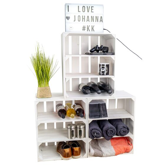 Weisse/geflammte Bücherregal - Schuhregalkiste mit Zwischenbrett/Mittelbrett Einlage ca 50x40x30cm / Apfelkisten Weinkisten Holzkisten aus dem Alten Land (doppelt Weiss Quer)