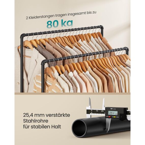 SONGMICS Kleiderständer, Kleiderstange, Garderobenständer mit 2 Kleiderstangen und Ablage, Rollen, bis 110 kg belastbar, Industrie-Design, für Schlafzimmer, Ankleidezimmer, schwarz HSR60B