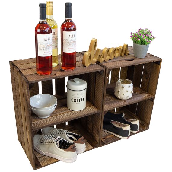 Massive Schuh- Bücherregalkiste Obstkiste Weinkiste Maße ca 50 x 40 x 31cm xxxaus dem Alten LandxxxWeinkisten Obstkisten Holzkiste Dekokiste Regal (Natur quer) (1, dunkel, kurze Unterteilung)