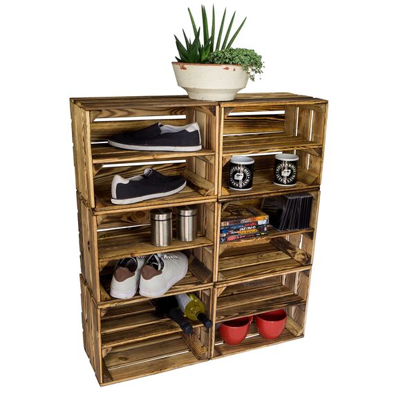 geflammtes Schuhregal Bella Mini für Kinder mit Zwischenbrett 40 x 30 x 25 cm/Apfelkisten Weinkisten Holzkisten aus dem Alten Land (6 x Schuhregal Mini für Kinder)