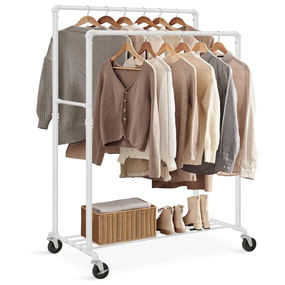 SONGMICS Kleiderständer, Kleiderstange, Garderobenständer mit 2 Kleiderstangen und Ablage, Rollen, bis 110 kg belastbar, Industrie-Design, für Schlafzimmer, Ankleidezimmer, weiß HSR060W01