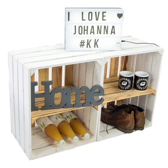 flambierte/geflammte Bücherregal - Schuhregalkiste mit Zwischenbrett/Mittelbrett Einlage ca 50x40x30cm / Apfelkisten Weinkisten Holzkisten aus dem Alten Land (Weiss FLAM Boden FLAM QUER)