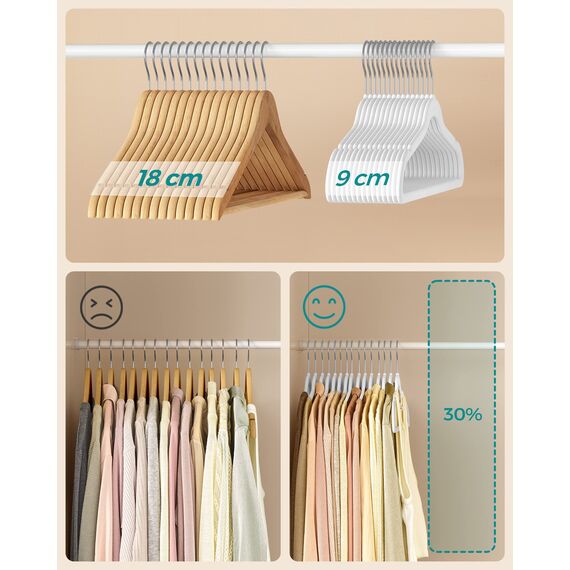 SONGMICS Kleiderbügel Samt, 30er Set, Bügel, Jackenbügel, 41,5 cm breit, Anzugbügel, dünn, gut belastbar, um 360° drehbarer Haken, für Mäntel, Hemden und Anzüge, weiß CRF026W02