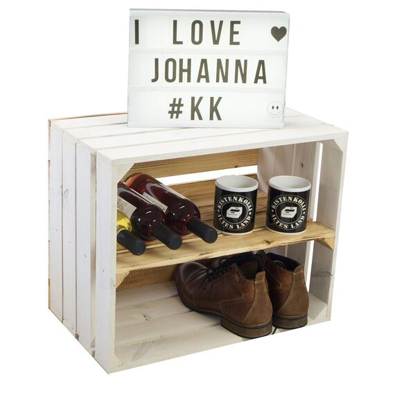 flambierte/geflammte Bücherregal - Schuhregalkiste mit Zwischenbrett/Mittelbrett Einlage ca 50x40x30cm / Apfelkisten Weinkisten Holzkisten aus dem Alten Land (Weiss FLAM Boden FLAM LÄNGS)