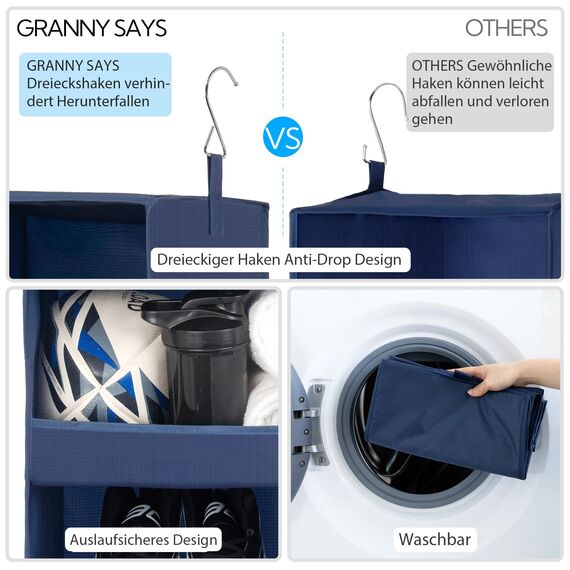 GRANNY SAYS Kleiderschrank Organizer Hängend, hänge Organizer mit 3 Fächern, 1 Stück Hängeaufbewahrung Schrank, Marineblau Kleiderschrank Hängeregal, Faltbare hänge Regal Stoff, Hanging Organiser