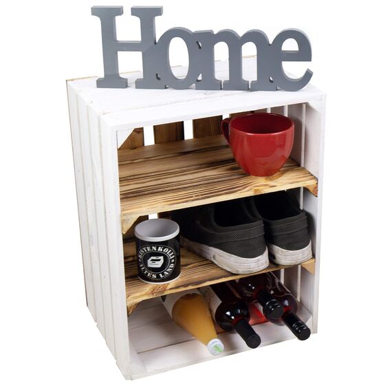 Weisse/geflammte Bücherregal - Schuhregalkiste mit Zwischenbrett/Mittelbrett Einlage ca 50x40x30cm / Apfelkisten Weinkisten Holzkisten aus dem Alten Land (Paula doppelt geflammt Quer)