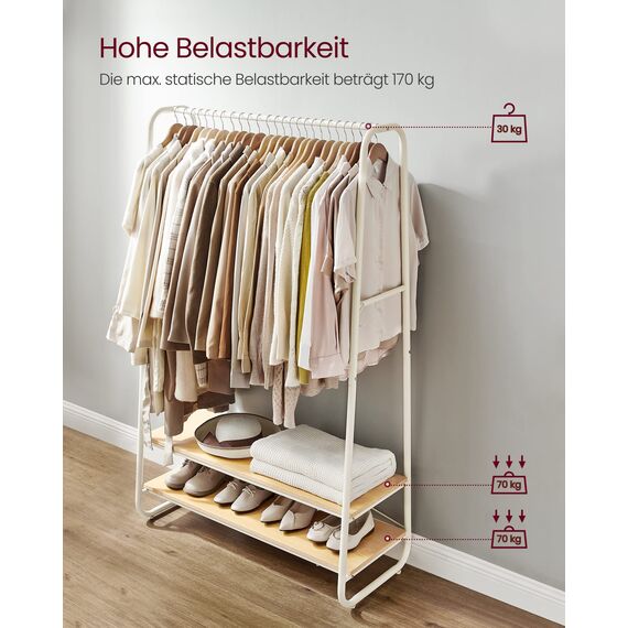 VASAGLE Kleiderständer, Garderobenständer, Garderobe, 2 Ablagen, 6 Haken in S-Form, Stahlgestell, 45 x 100 x 160 cm, für Schlafzimmer, Flur, Eingangsbereich, eichenfarben-cremeweiß RGR112W09