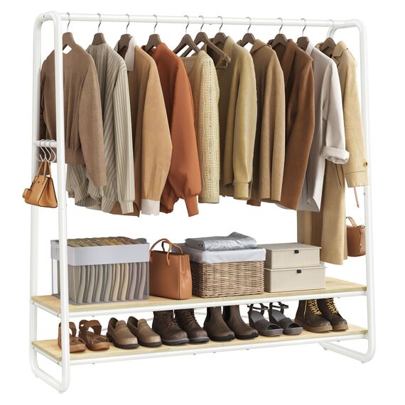 VASAGLE Kleiderständer, Garderobenständer, Garderobe, 2 Ablagen, 6 Haken in S-Form, Stahlgestell, 45 x 138 x 160 cm, für Schlafzimmer, Flur, Eingangsbereich, naturbeige-mattweiß RGR119W09
