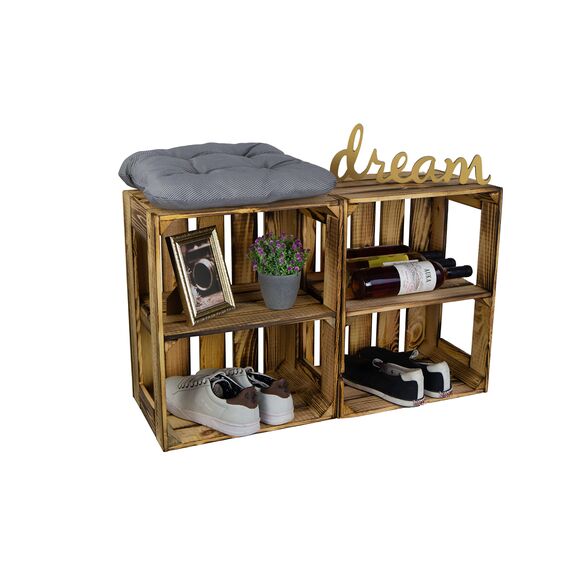 flambierte/geflammte Bücherregal - Schuhregalkiste mit Zwischenbrett/Mittelbrett Einlage ca 50x40x30cm / Apfelkisten Weinkisten Holzkisten aus dem Alten Land (GEFLAMMT OFFEN MIT Einlage QUER)