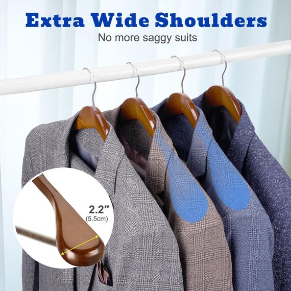 HOUSE DAY Kleiderbügel Holz Breit Walnuss 6X rutschfest Kleiderbügel Stabil Jackbügel Anzugbügel Holzbügel, Breite Schultern rutschfeste Hosenstangen Drehbare Haken